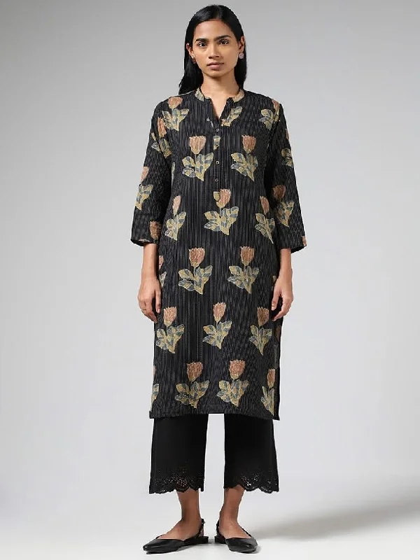 Women's long - sleeve jumpsuit pants Straight - leg women jeans with a classic and timeless appeal Utsa Black Tulip Printed & Kantha Embroidery Straight Kurta Women's long - sleeve jumpsuit pants Straight - leg women jeans with a classic and timeless appeal Utsa Black Tulip Printed & Kantha Embroidery Straight Kurta