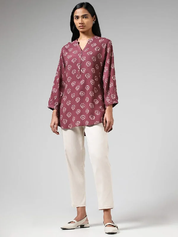 Women's spandex stretch pants Cargo women jeans with multiple pockets for added functionality Utsa Dusty Rose Floral Block Printed Kurti