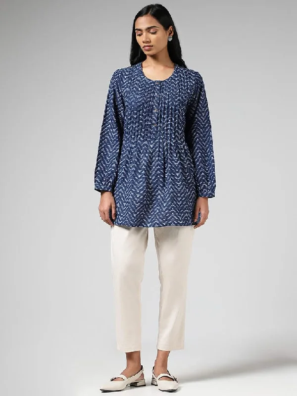 Women's sequined party pants Mom jeans for a nostalgic and casual look Utsa Indigo Chevron Striped Pin-tucked Kurti