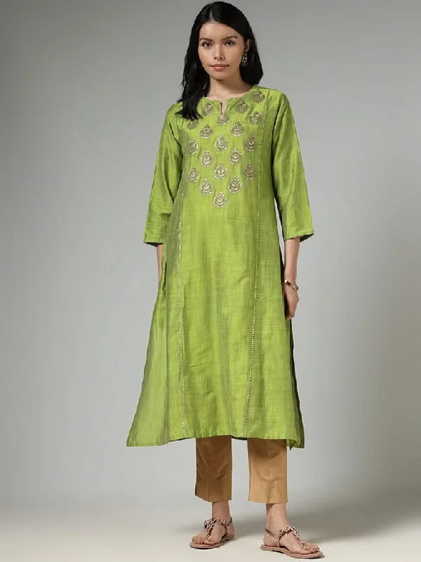 Women's tassel - adorned boho pants Embellished women jeans with studs or rhinestones for a glamorous touch Utsa Lime Green Sequin Embroidered Straight Kurta