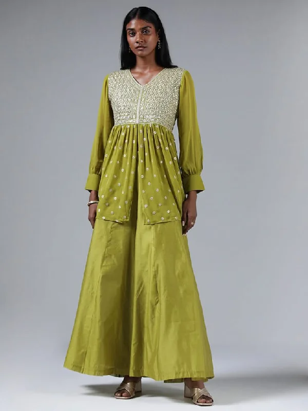 Women's low - rise denim pants Distressed women jeans for a trendy and edgy look Vark Lime Zari Embroidered Front Slit Kurti & Palazzos Set Women's low - rise denim pants Distressed women jeans for a trendy and edgy look Vark Lime Zari Embroidered Front Slit Kurti & Palazzos Set