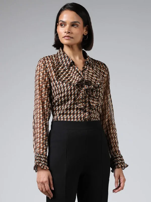 Women's spandex stretch pants Cargo women jeans with multiple pockets for added functionality Wardrobe Brown Printed Ruffle Collar Shirt with Camisole