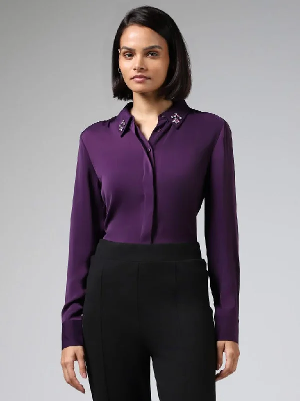 Women's embroidered ethnic pants Ripped women jeans for a rebellious and fashion - forward style Wardrobe Dark Purple Embellished Collar Satin Shirt Women's embroidered ethnic pants Ripped women jeans for a rebellious and fashion - forward style Wardrobe Dark Purple Embellished Collar Satin Shirt