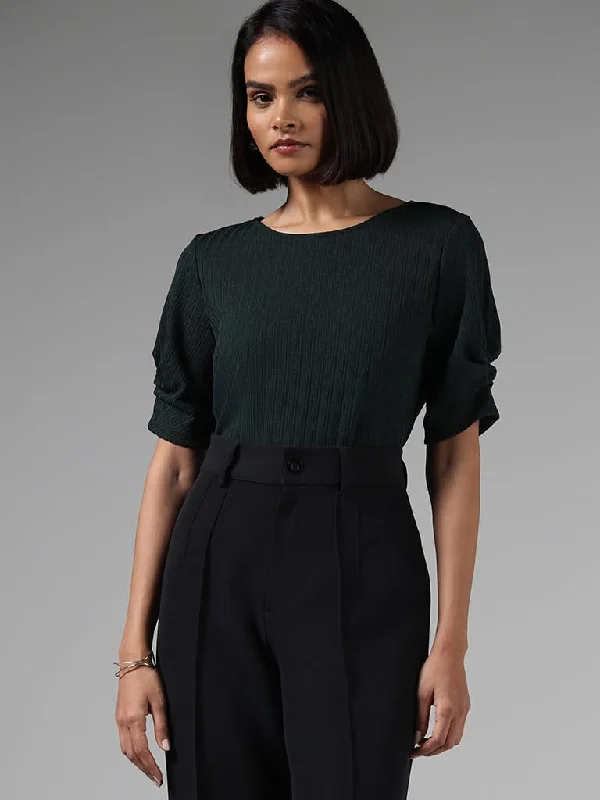 Women's pants with moisture - wicking technology High - rise flare women jeans for a 70s - inspired look Wardrobe Deep Green Ribbed Top Women's pants with moisture - wicking technology High - rise flare women jeans for a 70s - inspired look Wardrobe Deep Green Ribbed Top