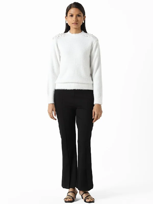 Women's pleated office pants Dark - wash women jeans for a sophisticated and slimming effect Wardrobe White Pearl Detail Sweater Women's pleated office pants Dark - wash women jeans for a sophisticated and slimming effect Wardrobe White Pearl Detail Sweater