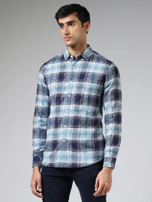 Women's tall - length straight pants Skinny women jeans with a form - fitting design WES Casuals Blue Plaid Checked Cotton Slim-Fit Shirt Women's tall - length straight pants Skinny women jeans with a form - fitting design WES Casuals Blue Plaid Checked Cotton Slim-Fit Shirt