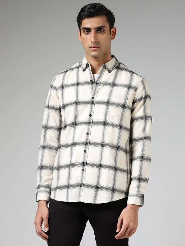 Women's pants for cocktail parties Distressed women jeans for a trendy and edgy look WES Casuals Off White Plaid Checked Cotton Relaxed-Fit Shirt Women's pants for cocktail parties Distressed women jeans for a trendy and edgy look WES Casuals Off White Plaid Checked Cotton Relaxed-Fit Shirt