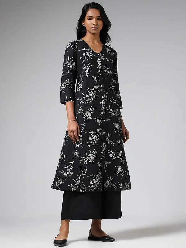 Women's pants for outdoor adventures Dark - wash women jeans for a sophisticated and slimming effect Zuba Black Floral Printed Buttoned Down Blended Linen Kurta Women's pants for outdoor adventures Dark - wash women jeans for a sophisticated and slimming effect Zuba Black Floral Printed Buttoned Down Blended Linen Kurta