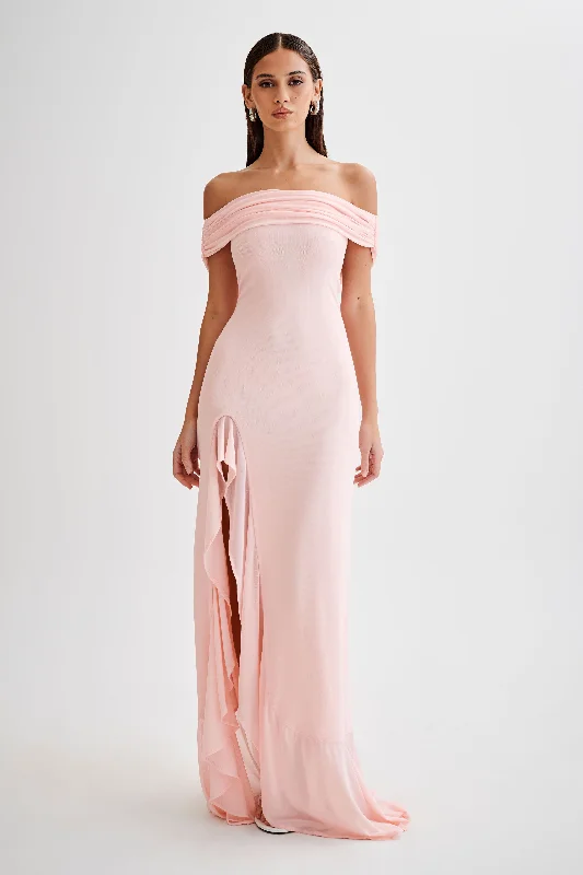 Maxi dresses with an asymmetric hem for a fashion - forward and eye - catching designAudrey Off Shoulder Mesh Maxi Dress - Pale Pink