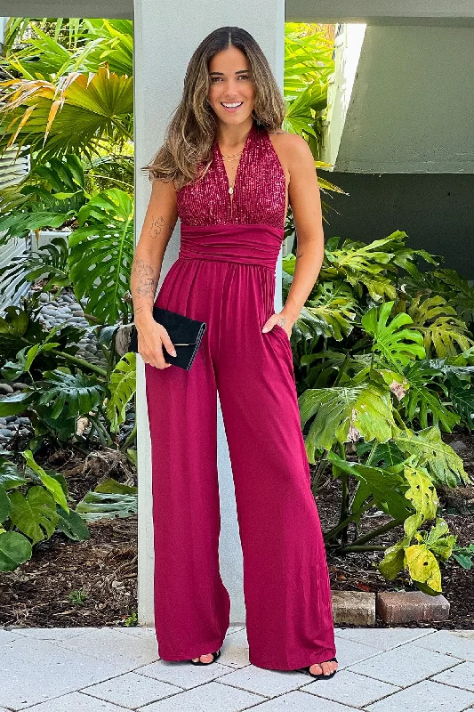Plaid maxi dresses for fall fashion eventsBurgundy Sequined Top Jumpsuit
