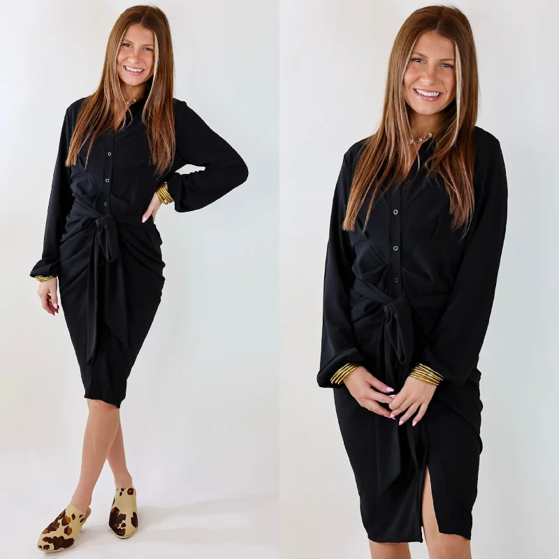 Maxi dresses with fringe trim for a bohemian vibeHeart On The Line Button Up Ruched Front Midi Dress with Waist Tie in Black Maxi dresses with fringe trim for a bohemian vibeHeart On The Line Button Up Ruched Front Midi Dress with Waist Tie in Black