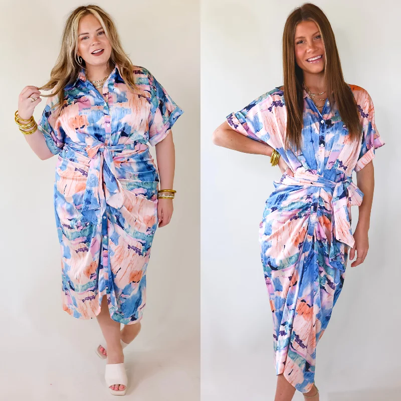 Maxi dresses with cut - out details on the sides for a modern edgeAbstract Meetings Collared Button Up Midi Dress With a Tied Waist in Blue and Coral Pink Maxi dresses with cut - out details on the sides for a modern edgeAbstract Meetings Collared Button Up Midi Dress With a Tied Waist in Blue and Coral Pink