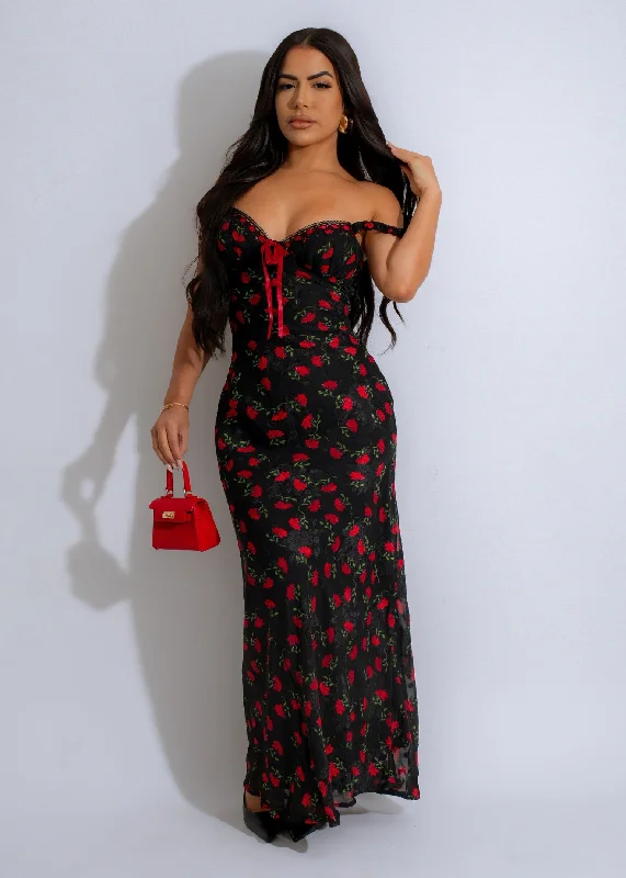 Leather maxi dresses for an edgy and bold appearanceCrimson Blooms Maxi Dress Black