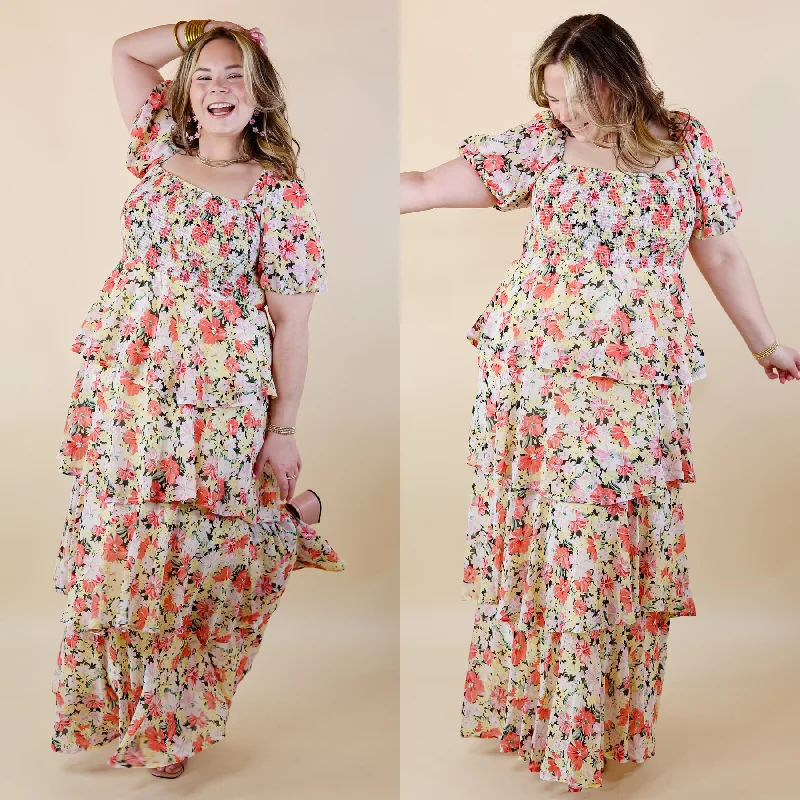 Maxi dresses with thin spaghetti straps for a delicate and feminine feelFun Feeling Floral Tiered Maxi Dress with Smocked Balloon Sleeves in Yellow Mix Maxi dresses with thin spaghetti straps for a delicate and feminine feelFun Feeling Floral Tiered Maxi Dress with Smocked Balloon Sleeves in Yellow Mix