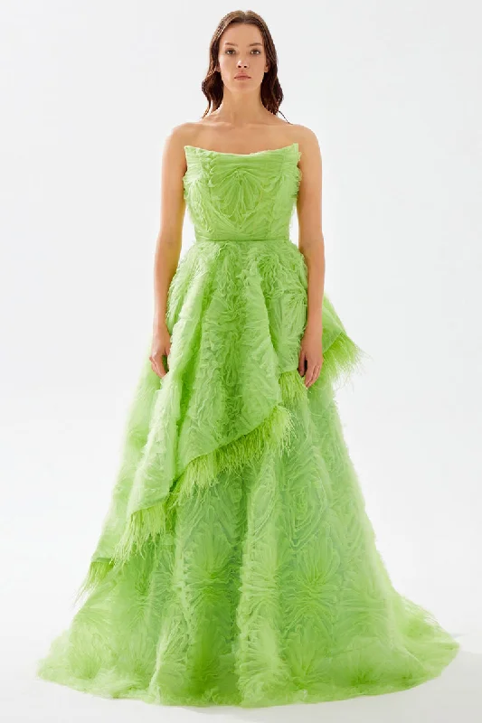 Maxi dresses with fringe trim for a bohemian vibeHenri Strapless Feather Trimmed Gown Maxi dresses with fringe trim for a bohemian vibeHenri Strapless Feather Trimmed Gown