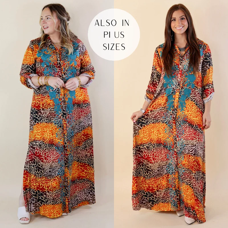 Maxi dresses with cut - out details on the sides for a modern edgeI'm All That Long Multi Color Leopard Button Up Maxi Dress with Turquoise Floral Print Embroidery Maxi dresses with cut - out details on the sides for a modern edgeI'm All That Long Multi Color Leopard Button Up Maxi Dress with Turquoise Floral Print Embroidery
