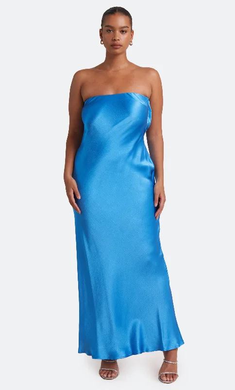 Leather maxi dresses for an edgy and bold appearanceMOON DANCE STRAPLESS DRESS - MID BLUE Leather maxi dresses for an edgy and bold appearanceMOON DANCE STRAPLESS DRESS - MID BLUE
