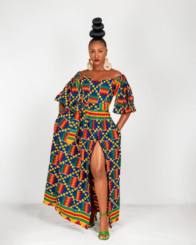 Maxi dresses with fringe trim for a bohemian vibeNicole Ankara Off Shoulder Maxi Dress | Kente Multicoloured African Print Maxi dresses with fringe trim for a bohemian vibeNicole Ankara Off Shoulder Maxi Dress | Kente Multicoloured African Print