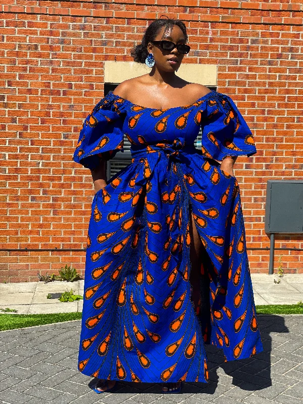 Maxi dresses with a ruched bodice for a more form - fitting and feminine shapeNimi Ankara Off Shoulder Maxi Dress | Blue and Orange African Print Maxi dresses with a ruched bodice for a more form - fitting and feminine shapeNimi Ankara Off Shoulder Maxi Dress | Blue and Orange African Print
