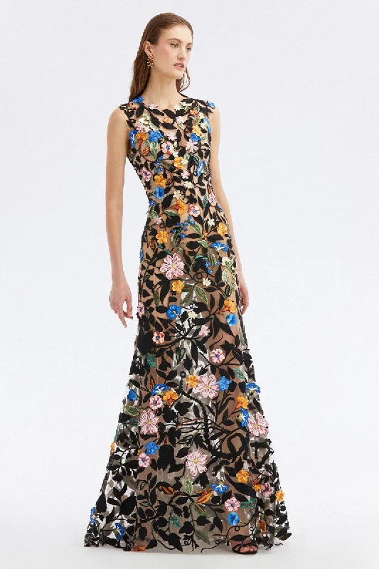Ruffled maxi dresses with a tiered skirt for added volumeRemarkable Moment Floral Embroidered Illusion Gown