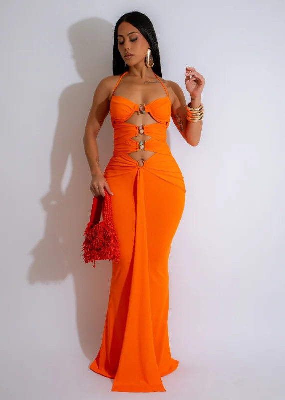 Denim maxi dresses with frayed hems for a casual lookSunset Goddess Ruched Maxi Dress Orange Denim maxi dresses with frayed hems for a casual lookSunset Goddess Ruched Maxi Dress Orange