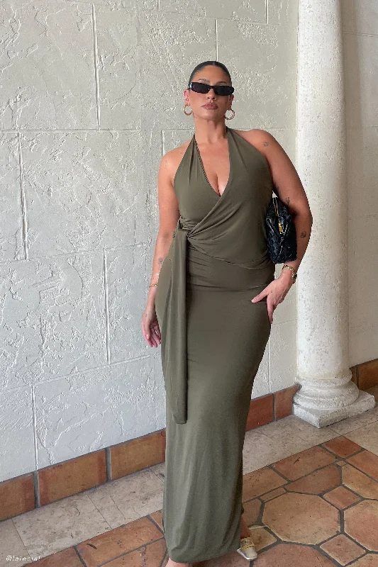 Maxi dresses with embroidered floral motifs for a unique designTyla Draped Slinky Halter Maxi Dress - Dark Olive Maxi dresses with embroidered floral motifs for a unique designTyla Draped Slinky Halter Maxi Dress - Dark Olive