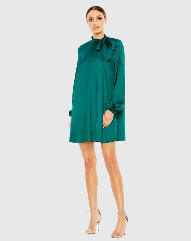 Emerald Soft Tie High Neck Pull Sleeve Shirt Dress