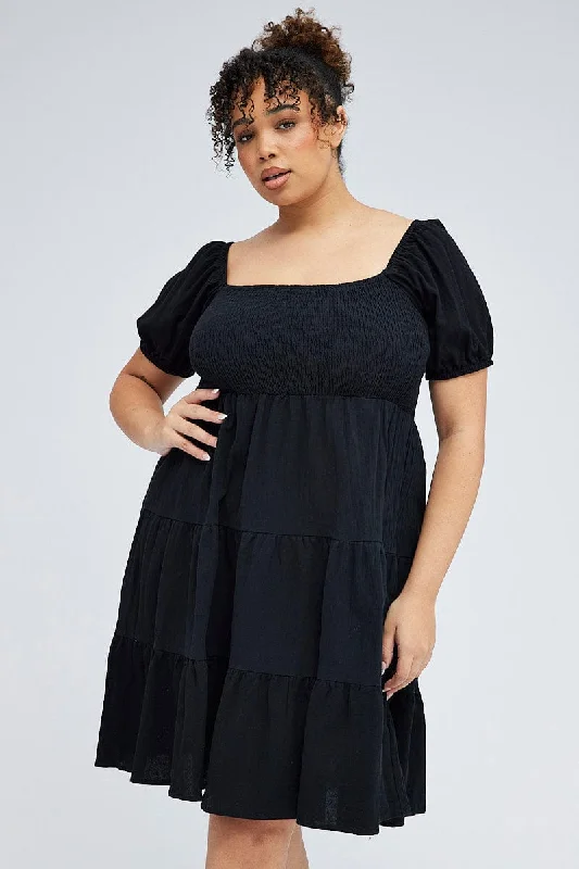 Strapless mini dresses for a beach vacationBlack Mini Dress Tiered Shirred Bust Puff Sleeve Strapless mini dresses for a beach vacationBlack Mini Dress Tiered Shirred Bust Puff Sleeve