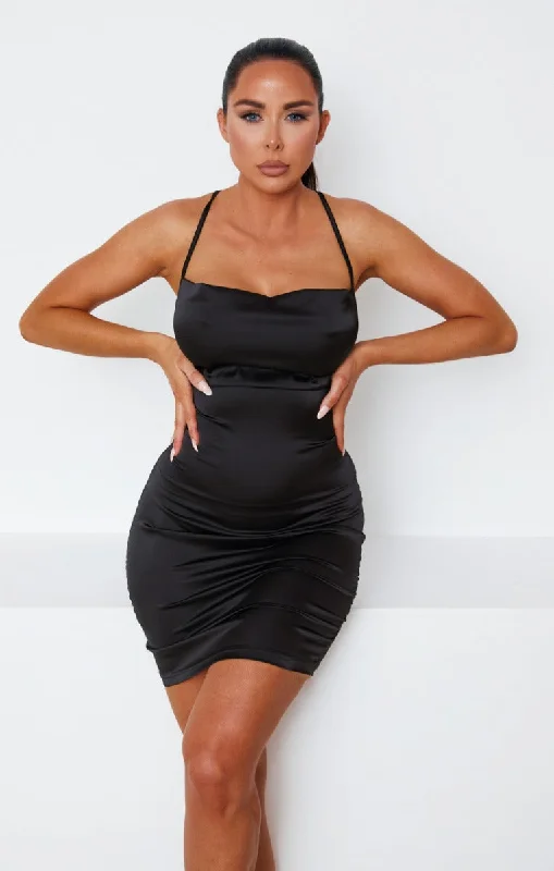 Polyester mini dresses for easy careBlack Satin Lace Up Back Strappy Bodycon Mini Dress - Clary Polyester mini dresses for easy careBlack Satin Lace Up Back Strappy Bodycon Mini Dress - Clary