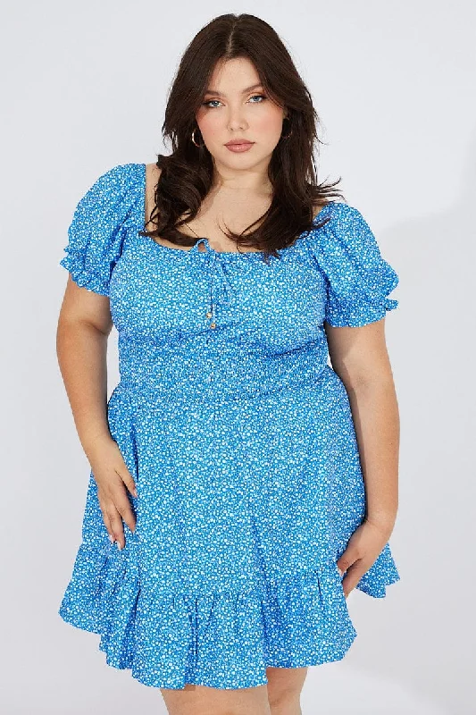 Sheer mini dresses with lace insertsBlue Ditsy Mini Dress Puff Sleeve Gather Detail