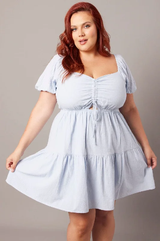 Strapless mini dresses for a beach vacationBlue Drawstring Front Mini Dress