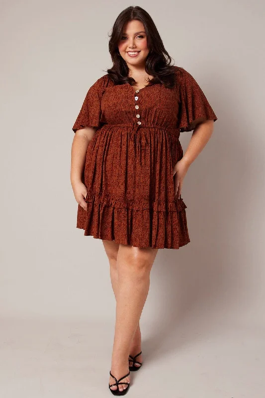 Leather mini dresses for a edgy styleBrown Geo Shell Button Mini Dress