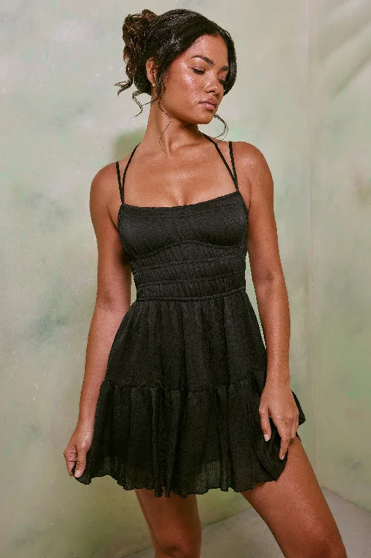 Mini dresses with polka dot patternsShirred Bodice A-Line Mini Dress in Black
