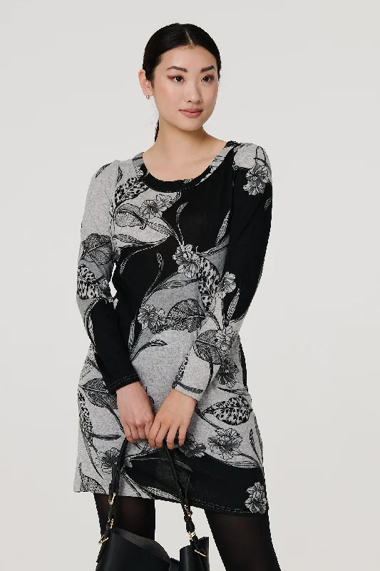 Floral Long Sleeve Jersey Shift Dress