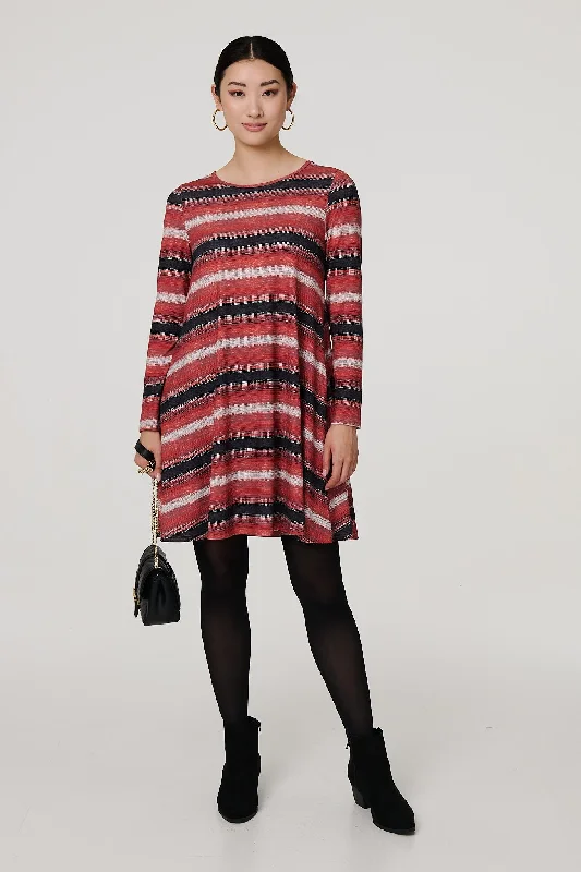 Striped Long Sleeve Short Swing Dress