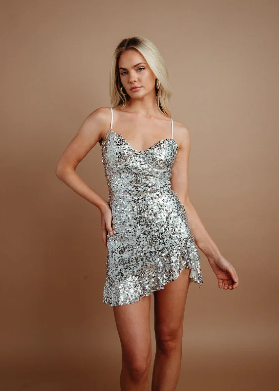 Printed mini dresses for a casual day outKeegan Bustier Sequin Ruffle Mini Dress