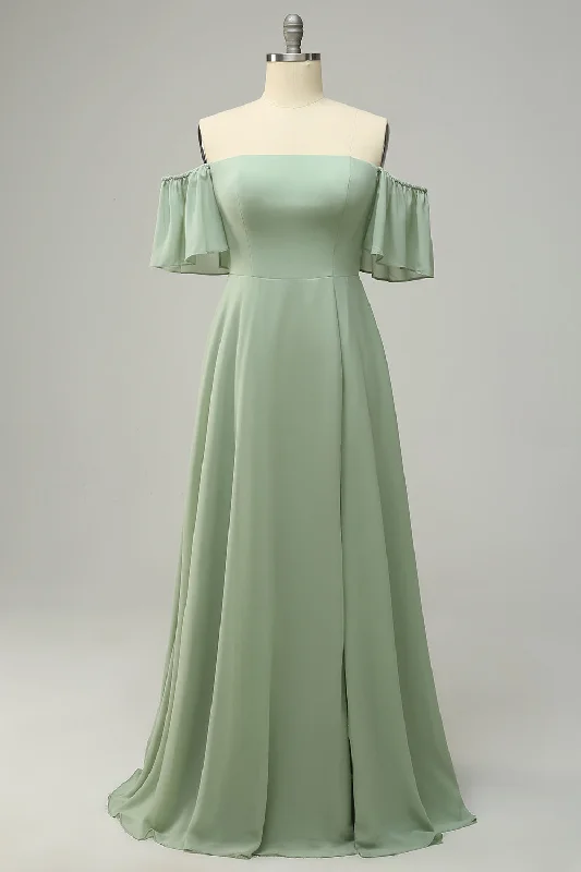 A Line Off the Shoulder Green Long Bridesmaid Dress with Ruffles