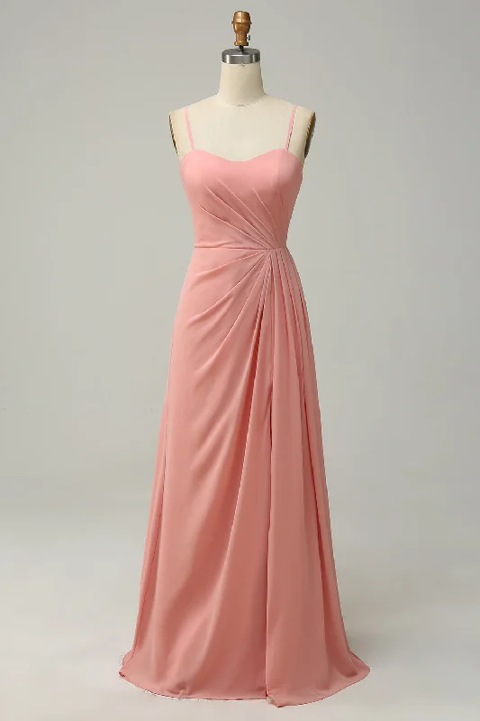 A Line Spaghetti Straps Blush Long Bridesmaid Dress