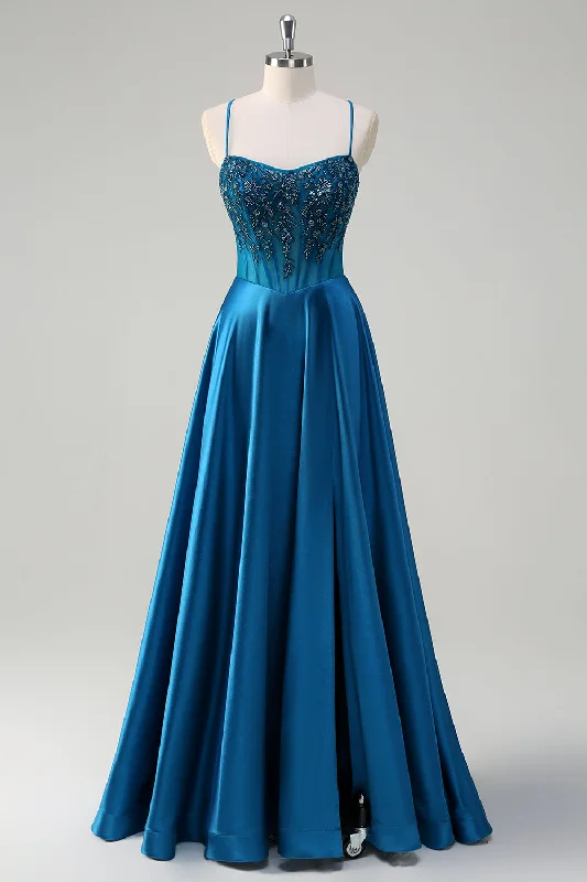 Glitter Blue Corset Spaghetti Straps Long Prom Dress With Sequins