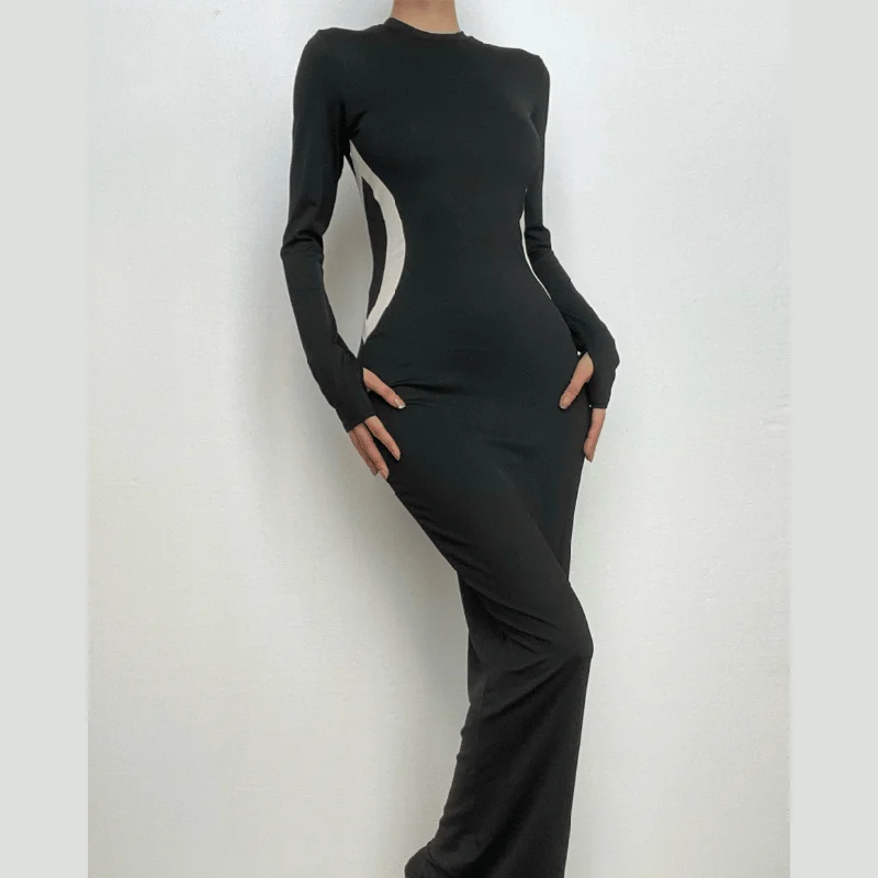 BerryBetty - Gloves contrast long sleeve crewneck maxi dress