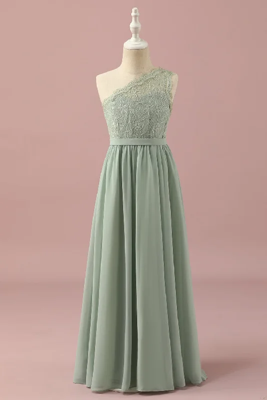 Green One Shoulder Lace and Chiffon Junior Bridesmaid Dress