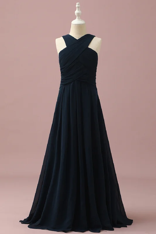 Navy Halter A-Line Sleeveless Junior Bridesmaid Dress