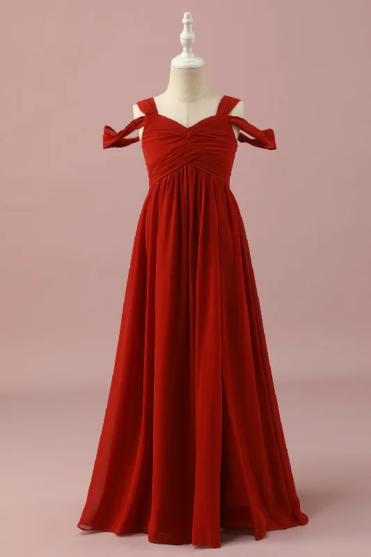 Red Chiffon Cold Shoulder Junior Bridesmaid Dress