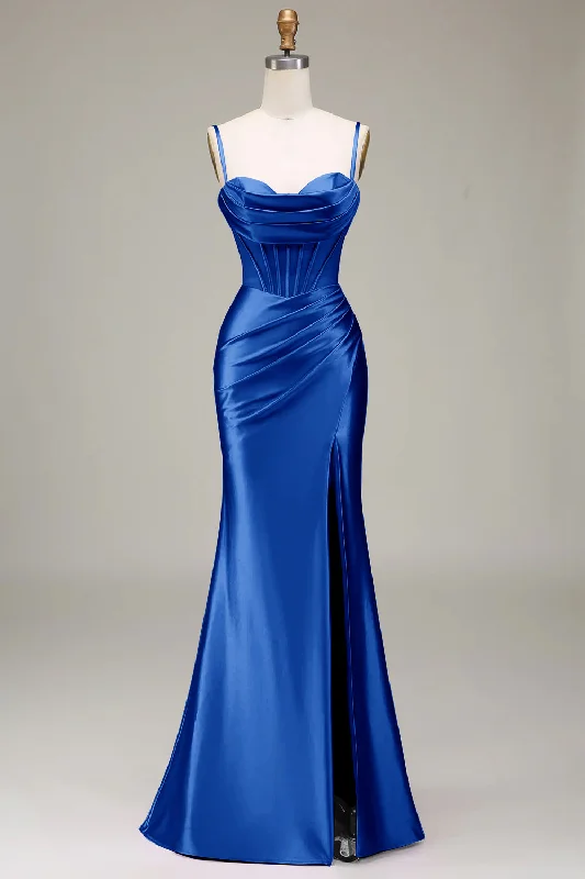 Simple Mermaid Spaghetti Straps Royal Blue Corset Prom Dress with Split Front