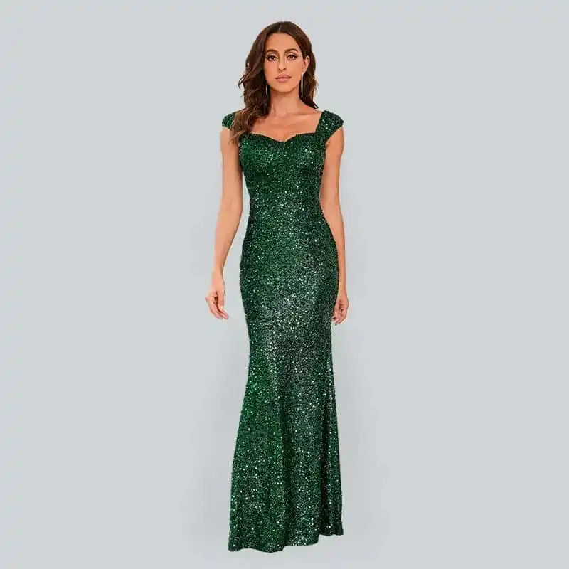 Women’s Sparkly Sequin Bodycon Maxi Dress With Sweetheart Neckline