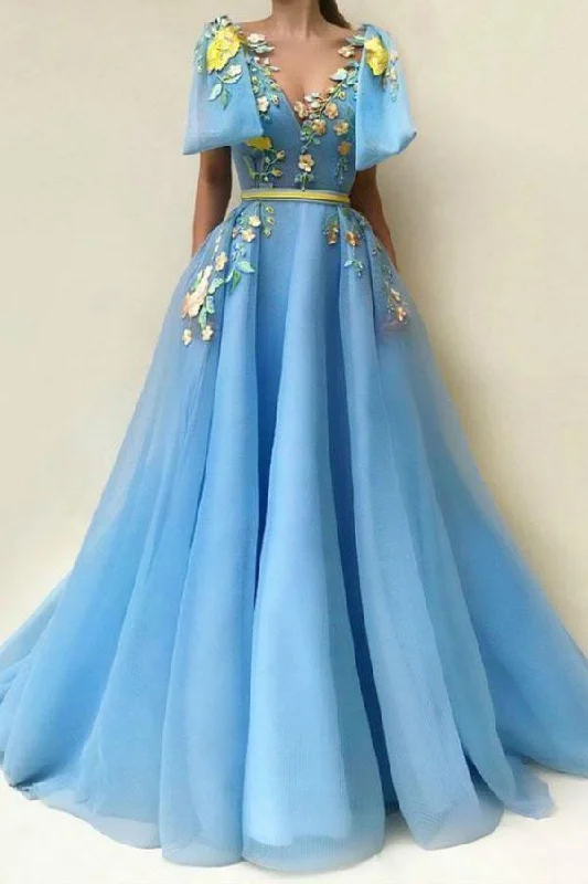 A Line Blue Tulle Floor-length Embroidery Prom Dresses With Pockets  PG985