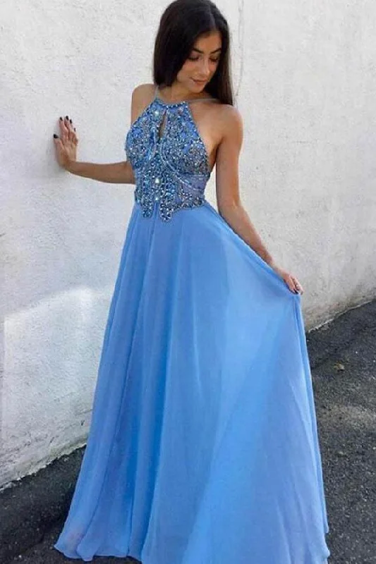 A-Line Jewel Sweep Train Blue Chiffon Keyhole Backless Beaded Prom Dress PM210