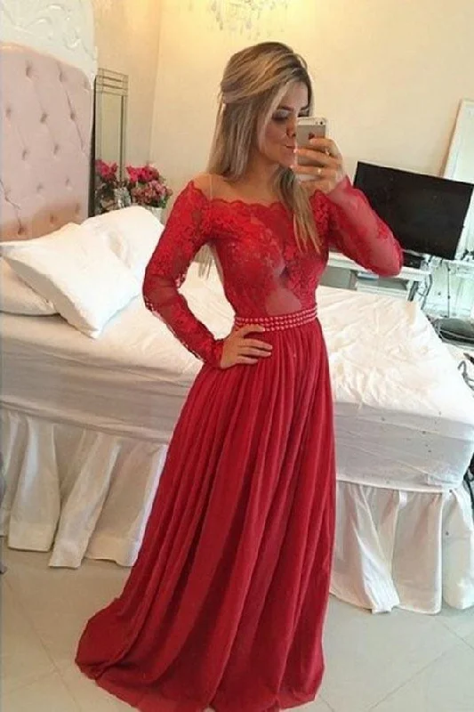 A-line Long Illusion Sleeves Beading Prom Dress  Red Chiffon Evening Dress  PM205