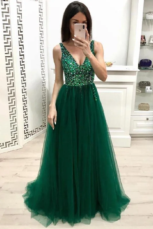 A Line V Neck Beading Prom Dresses Long Tulle Green Prom Dress  PM200