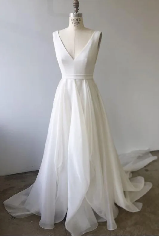 A-line V Neck Ivory Prom Dresses Wedding Dresses With Court Train  PM233